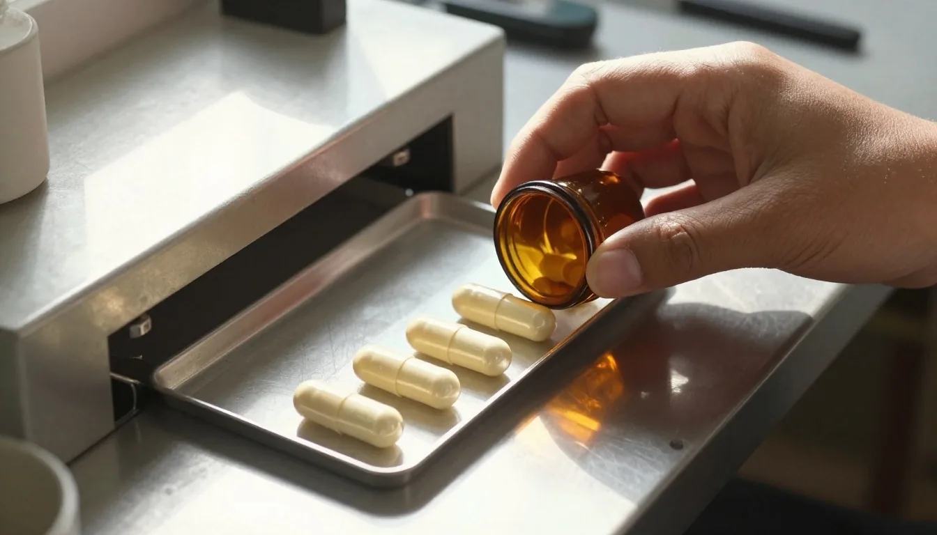 Cream-coloured capsules in a stainless tray on a Bandung capping bench, warm afternoon light from the left