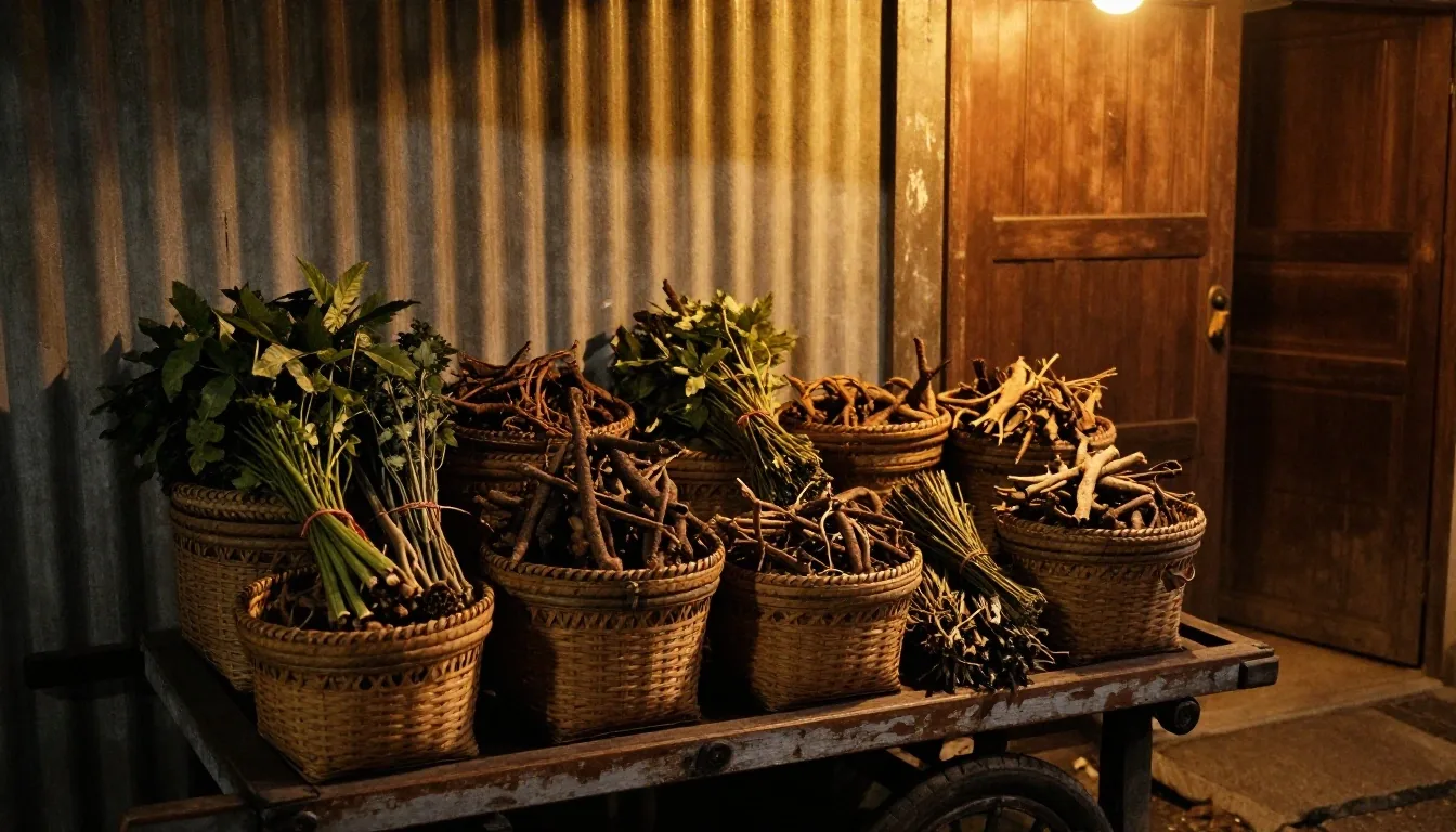 Wooden crate of rough-cut dried botanical roots on a dark table in the Bandung supply district