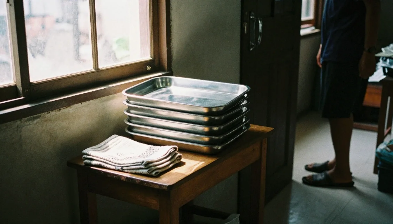 A capping bench in a Bandung workshop with a tray of tablets under afternoon light