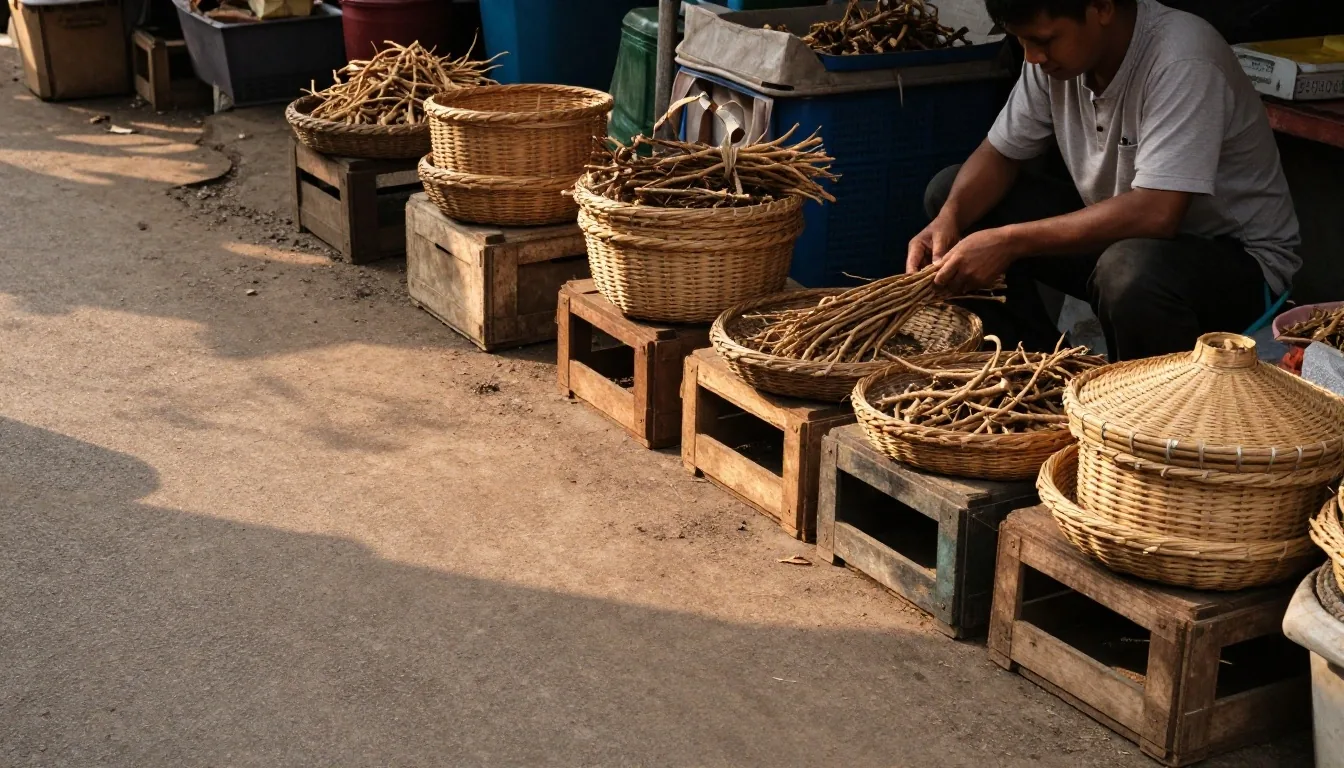 Crates of dried roots and sorting baskets on a Bandung market floor in the afternoon