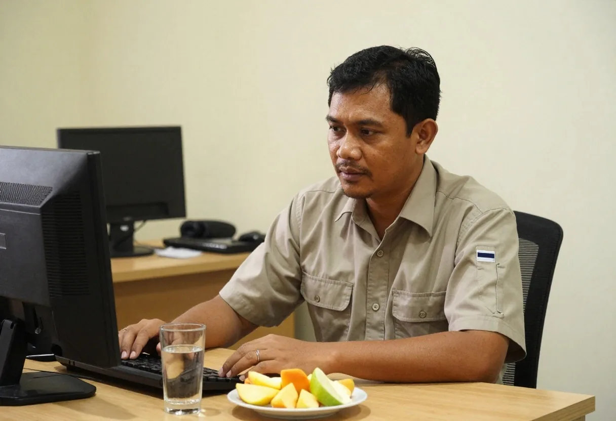 A man resting his forearms on a desk in the early afternoon with a glass of water and sliced fruit beside him