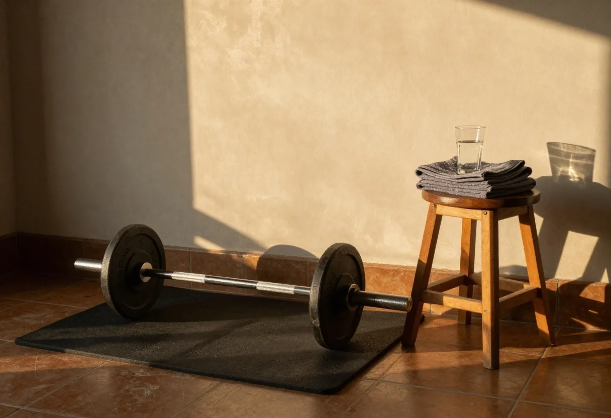 A folded paper planner, pen and glass of water on a home workshop desk in the late afternoon