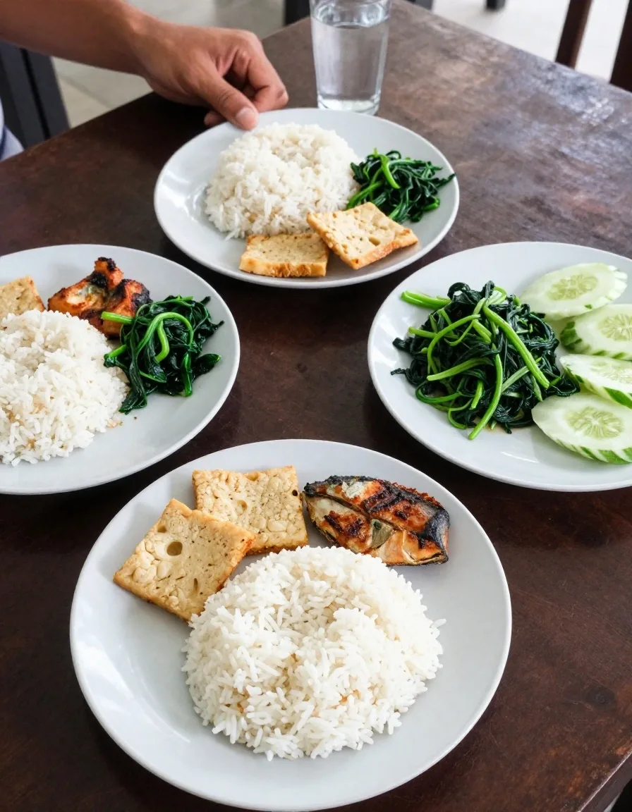 A midday plate with a smaller rice portion beside tempeh, grilled fish and leafy greens on a dark wooden table