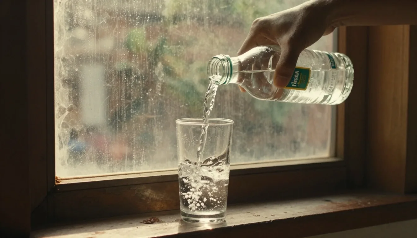Water poured from a glass bottle into a tumbler on a sunny Bandung windowsill at four in the afternoon