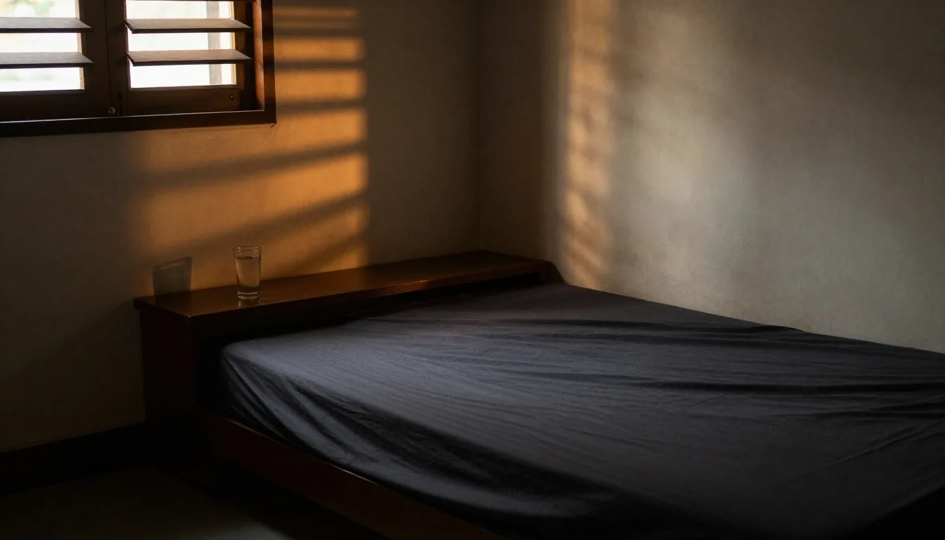A simply made bed in a modest bedroom at dusk with warm bands of evening light across the wall