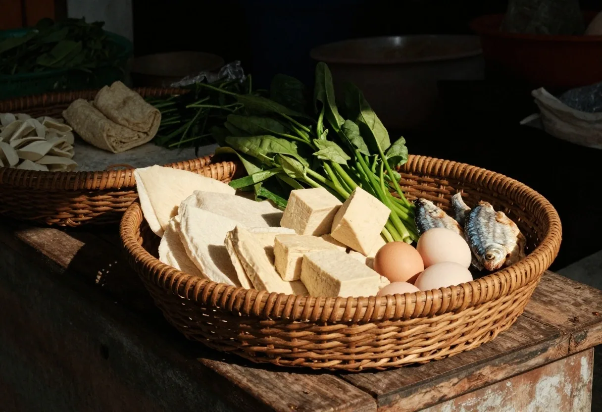 A rattan basket of tempeh, tofu, leafy greens, small fish and eggs on a dark wooden table
