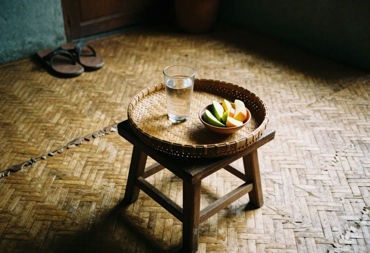 A hand setting a glass of water on a worn wooden table beside a bowl of sliced fruit
