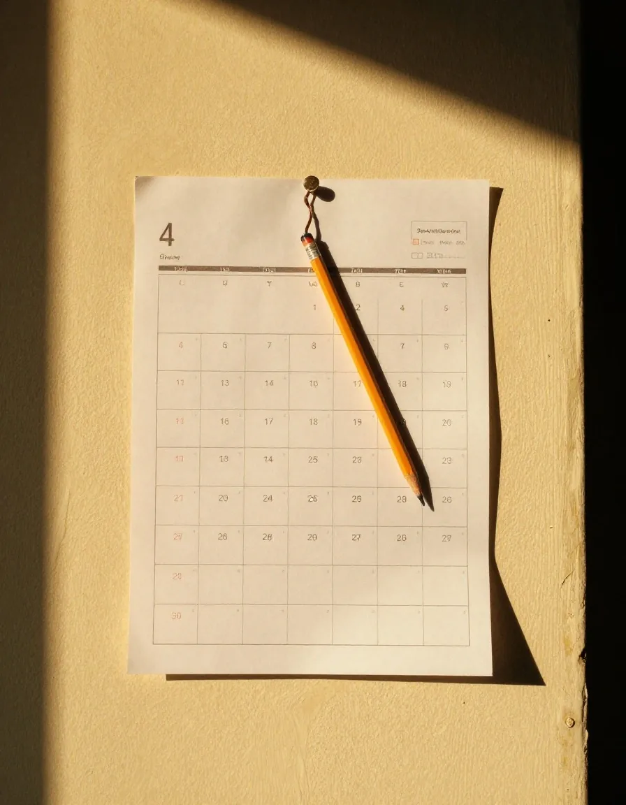 A wall calendar with a pencil hung on a nail beside it, lit by late afternoon light
