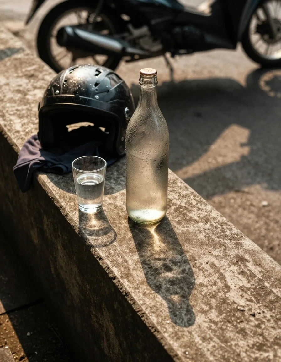 A steel water bottle and glass on a concrete ledge beside a motorbike helmet and a folded shirt