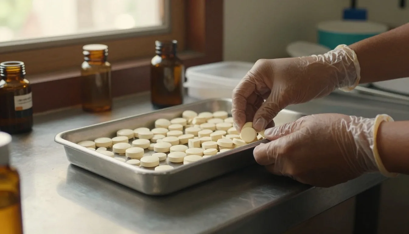 Capping bench with a stainless tray of cream tablets and gloved hands at work