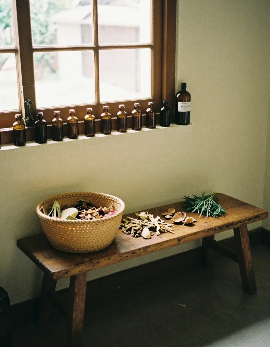 Workshop shelves with amber-glass containers under late afternoon light