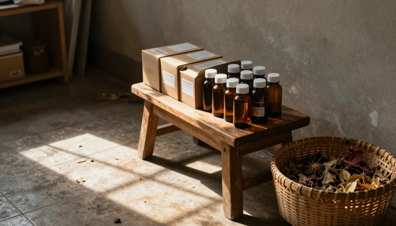 Interior of a small Bandung workshop with drying shelves and a work bench in late afternoon light