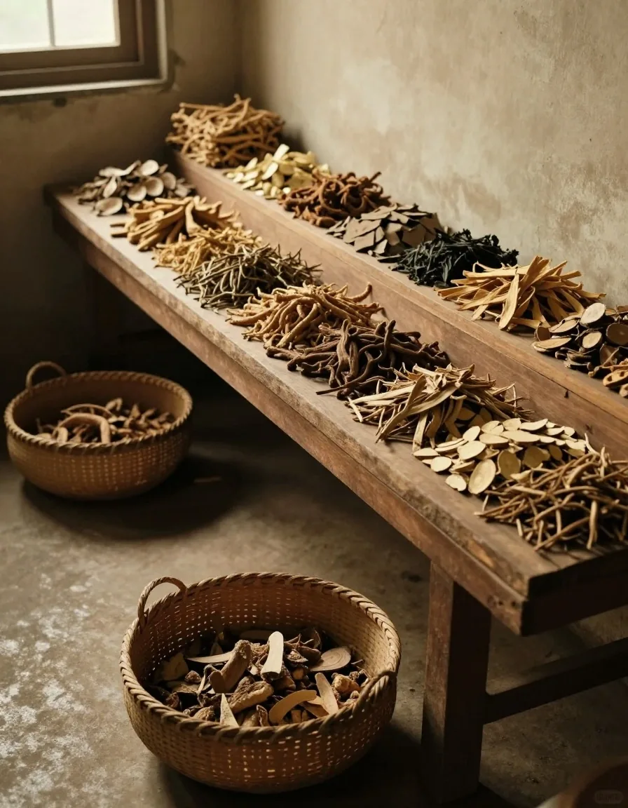 Open wooden crate of rough-cut roots and dried botanical pieces on a dark work table