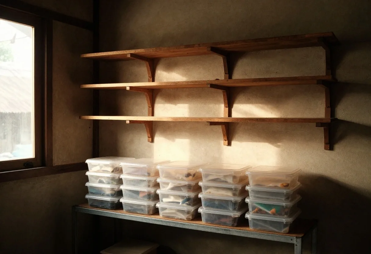 A small workshop interior with wooden drying shelves and stacked sealed containers