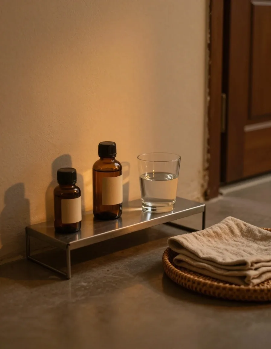 A supplement bottle standing on a brushed steel tray beside a glass of water