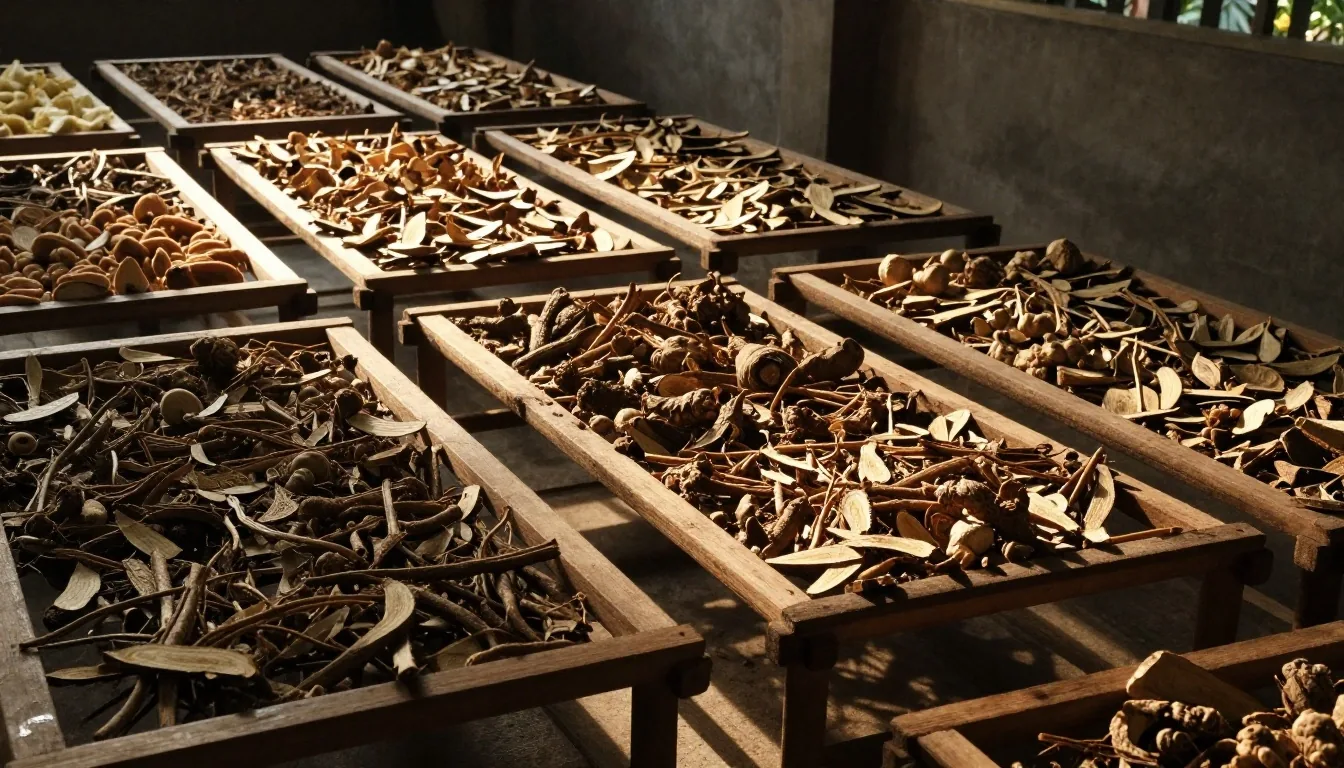 Drying racks of sliced botanical roots on a Bandung preparation floor at late afternoon