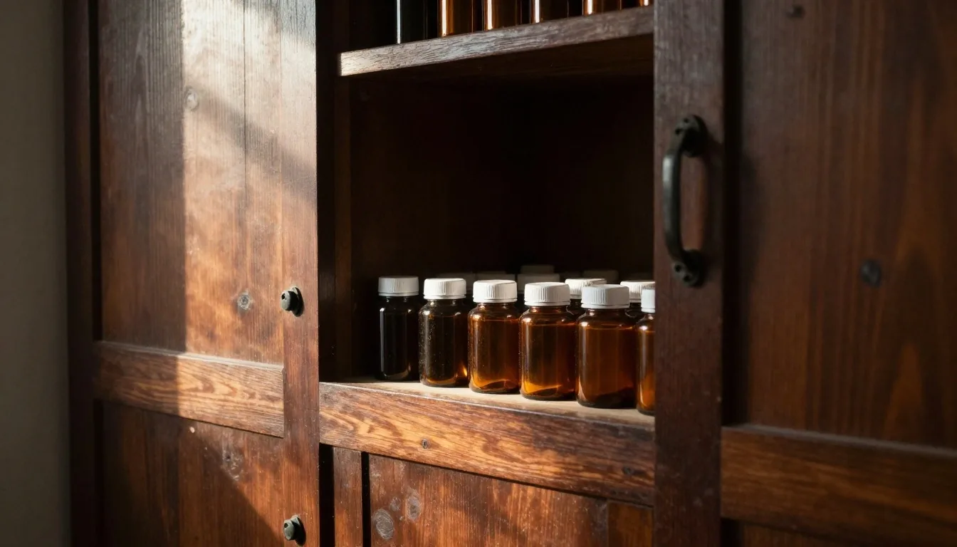 Amber glass containers stored on a shelf inside a closed timber cupboard in a Bandung workshop