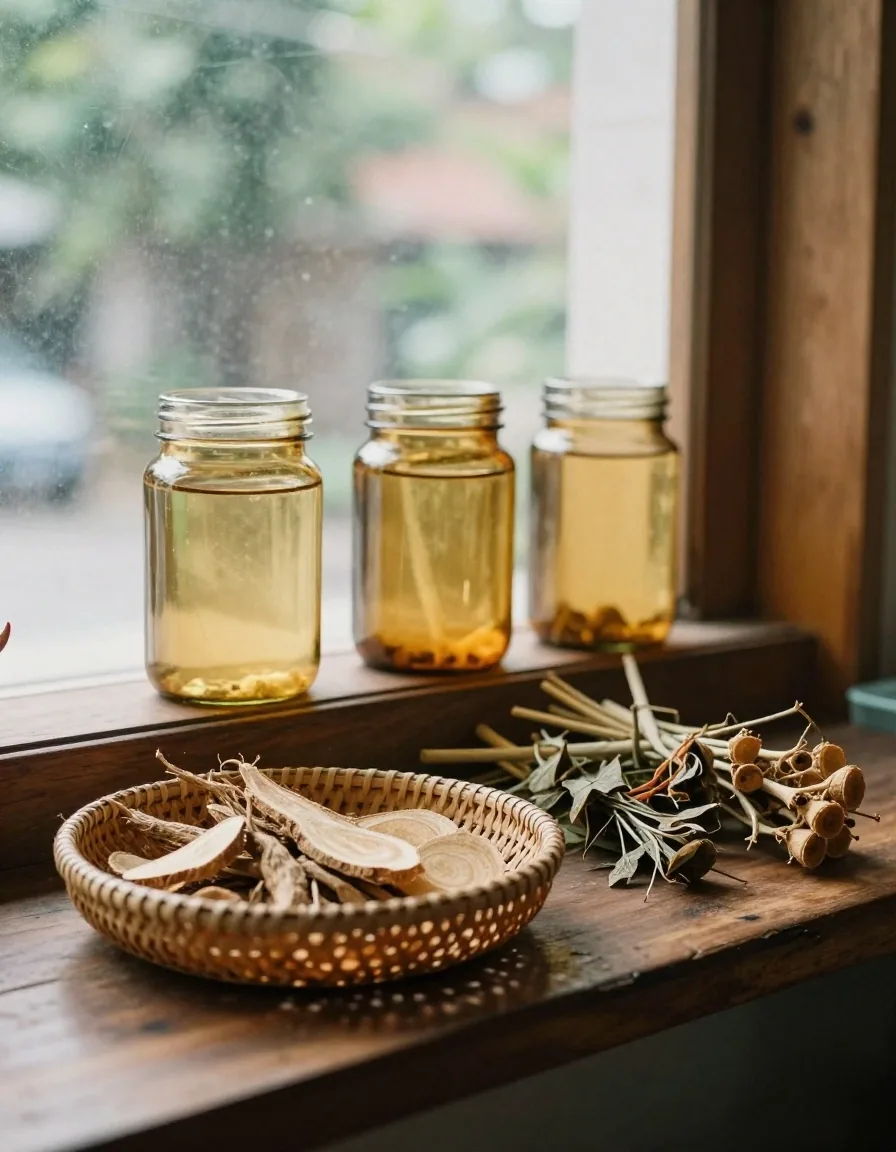 Crate of rough-cut roots and dried botanical cuttings beside amber glass containers on dark wood
