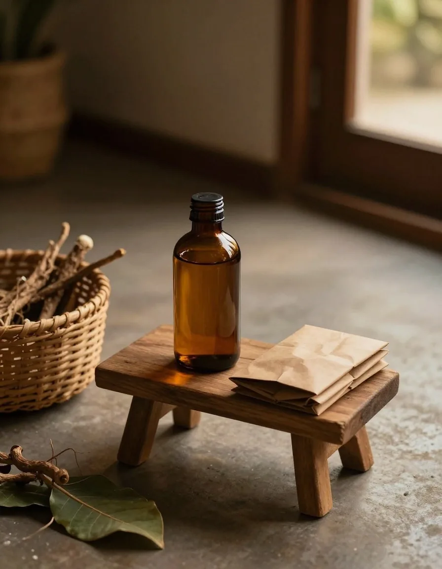 Folded carton and amber glass container on a dark wooden table beside dried leaves and a mortar