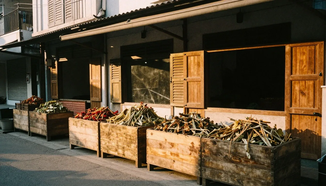 Stacked crates of dried botanicals along a quiet Bandung street in late afternoon haze